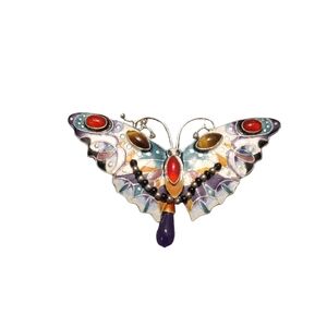 Vintage Shashi Singapuri Sterling Silver Gemstone Jade Enamel Brooch